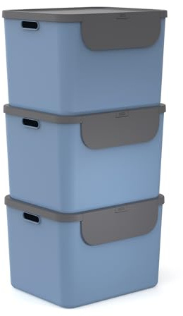 Rotho Albula Mülleimer Küche 55 L Mülleimer 3 Fächer 3er-Set Blau/Anthrazit | Mülleimer mit Deckel, 3er-Set für Mülltrennung, stapelbar, frontale Klappe, stabile Tragegriffe, 6 Aufkleber, Kunststoff
