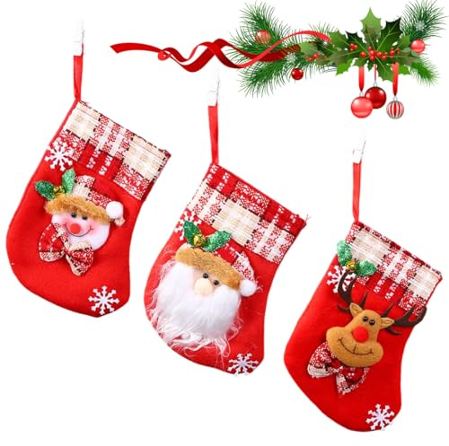 WeddHuis 3 PCS Small Christmas Stocking, Santa Socks for Filling and Hanging, Boots for Filling, Children's Flannel, Personalized Stocking, Socks Fireplace Decoration, Christmas Decoration (Red)