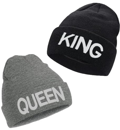ZYEKIU 2 Stück Warm Beanie, King & Queen Strickmütze, Strickmütze Unisex Dickes, Paar Atmungsaktive Hip-Hop Mütze, Winter Beanie Mütze Herren Damen, Weihnachten Partner Pärchen