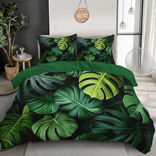 Juego De Ropa De Cama Verde Oscuro Hojas De Monstera,180X220Cm Efecto 3D Impresión Diseño,Dormitorio Microfibra De Plantas Tropicales,con Estampado,Funda Nórdica con Cremallera