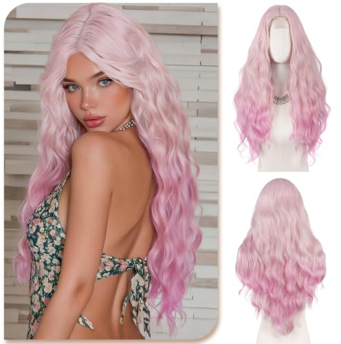 Sofeiyan Perücke Damen,70 cm Lange Mittelscheitel Perücken | Gewellte Wellig Perücke,Hitzebeständige Synthetische Haar Lockige für Alltag Cosplay Karneval,Rosa Farbverlauf