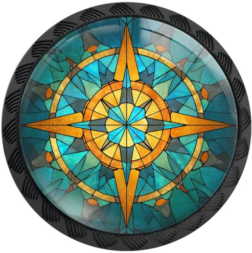 Artinhand 4 Pack Stained Glass Nautical Compass Cabinet Knobs for Kitchen | Vintage Green Drawer Pulls Round Black Dresser Handles Hardware for Desk Cupboard Wardrobe Closet Vanity Door Bathroom Decor