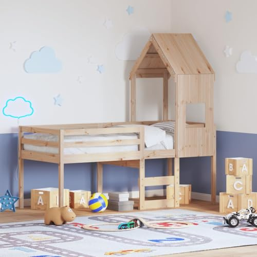 Owoxanthellate Hochbett mit Dach Massivholz Kiefer 195,5 x 95,5 x 89 cm Spielbett Unterbau Stauraum Kinderzimmer Kiefernholz Modernes Design für kleine Räume