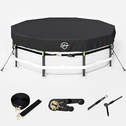 Safana Poolabdeckung für Runder Pool 366 cm [Upgrade Super-Windfestes Ratschenzug-System] für Aufstellbecken mit Rahmen, 500D Strapazierfähig, Perfekte Passform, Schutz vor Laub & UV-Schutz, 12 Fuß