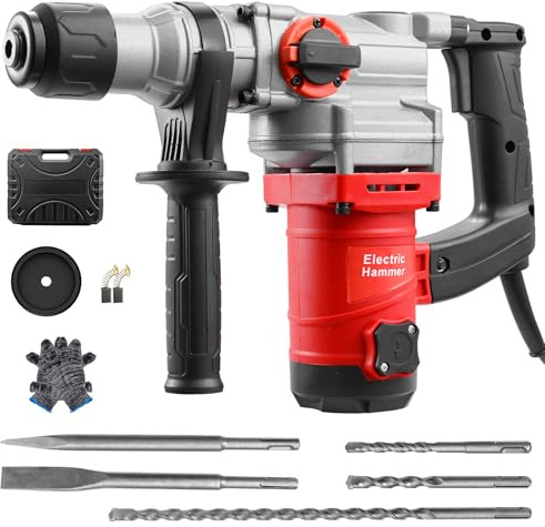 Teodute 1900W 200-240V Bohrhammer, mit 3300 Schlägen/min Schlagbohrmaschine 1,8m Kabel, Inkl Zubehör & Koffer, Abbruchhammer für Beton Mauerwerk Holz und Metall