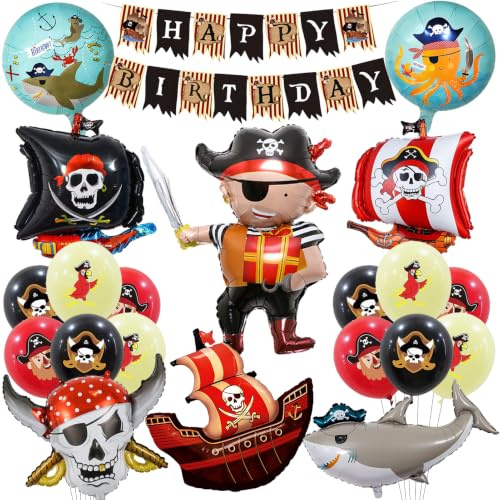 Piraten Luftballons Set, Kindergeburtstag Piratenparty | Folienballons & Latexballons, Pirat, Schiff, Totenkopf, Shark, Ozean, Papagei, Girlande, Jungen Mädchen, Party Deko