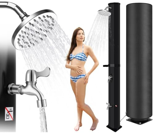 Douche Solaire de Jardin 60 L, Colonne de Douche Extérieure avec Housse Anti-Poussière, Réservoir Chauffage Solaire, Mitigeur, Pommeau Rotatif, Rince-Pieds, Piscine Terrasse