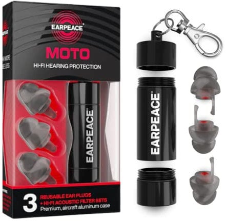 EarPeace Moto Original Noise Reduction Earplugs Reusable, High Fidelity Hearing Protection for Motorcycles, Motorsports, Touring, Commuting and Racing Medium Size up to 26dB Noise Canceling Black Case
