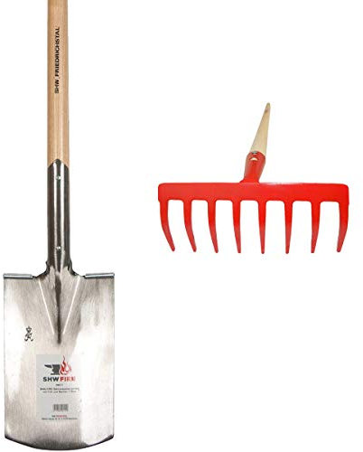 SHW-FIRE Rechen und Spaten mit ergonomischem Stiel aus Holz - Professionelles Gartenset - Optimales Werkzeug für den Garten