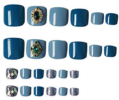 Lot de 24 faux ongles d'orteils carrés courts couverture complète accessoires bleu foncé bleu clair gros strass