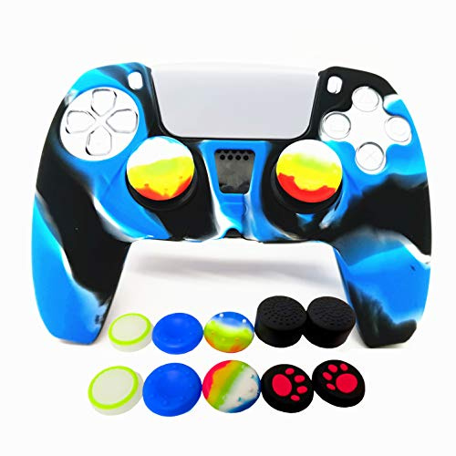 Skin for PS5 Controller Grips, Silicone Case Cover for PlayStation 5 Anti-Slip Protector with 10pcs Thumb Joysticks Caps (Royal Blue&Black)