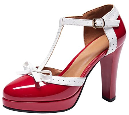 XIEWANG Women's High Heels T-bar Block Heel Pumps Ladies Platform Mary Jane Comfy Court Shoes(5, Red)