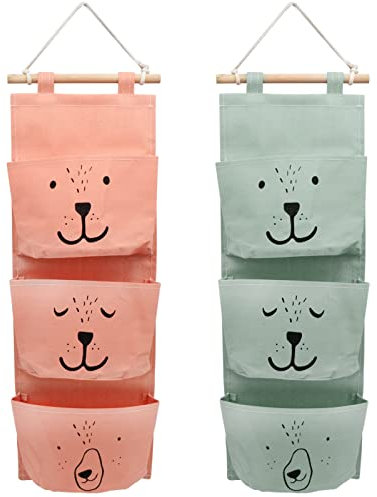 2 Stücke Wand Hängen Tasche, Hängender Organizer mit 3 Taschen, Cartoon Leinen Tasche Wasserdichte Aufbewahrungstasche Faltbare Hängetasche für Kinderzimmer Badezimmer Schlafzimmer (Grün, Orange)