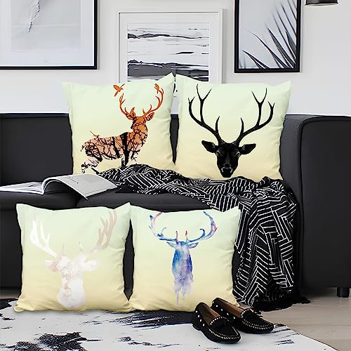 Aoihrraan Kissenbezüge 4er Set, Hirsch Kissenbezüge Verträumtes Elch Schwarz Elch Kopf Muster Weicher Kurzer Plüsch Quadrat Kissenbezug für Sofa Couch Schlafzimmer Auto Stuhl Wohnkultur 45x45cm