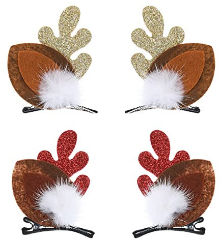 WLLHYF 2PCS Pinces à cheveux de Noël Épingle à cheveux pour fille Barrettes de cheveux de Noël avec boules de pompon Oreille de cerf Accessoires pour cheveux Fête Cosplay Cadeaux