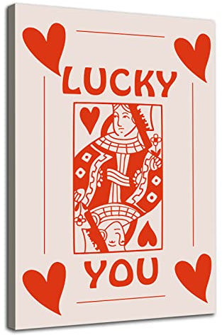 Rosa ästhetische Leinwand Wandkunst Lucky You Kunstdruck Königin der Herzen Poster Spielkarte Kunstwerk dünne rote Linie Bild Ace of Hearts Print Ästhetische adrette Malerei Karte Poster Dekor 40,6 x