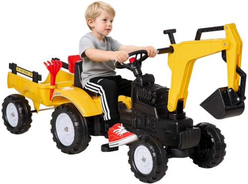 HOMCOM Ride On Tractor for Kids 3 in 1 Ride On Digger 3-6 Years | Adjustable Arm, Manual Shovel, Removable Trailer, Pretend Play Construction Truck