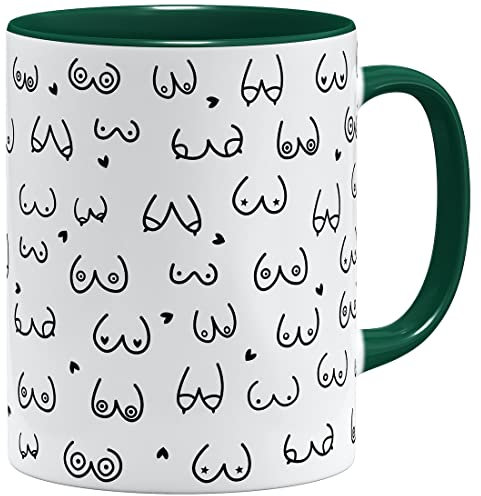 OM3 witzige Kaffeetasse mit Brüsten Titten Tasse Brüste-Muster | Keramik Becher | 11oz 325ml | Rundumdruck | Grün, M945-MUG-GN