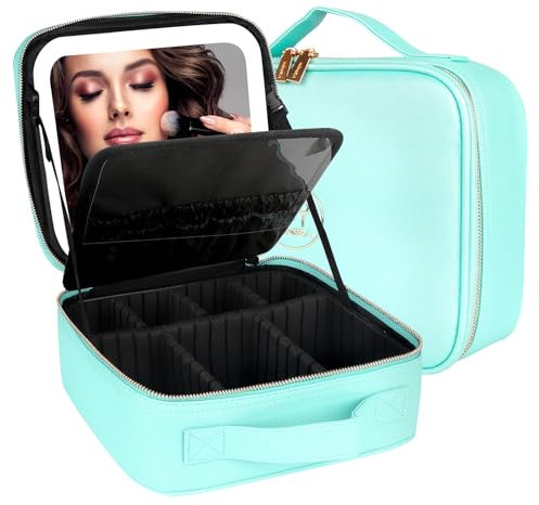 MOMIRA Reise-Make-up-Tasche Kosmetiktasche mit beleuchtetem Spiegel, Einstellbarer Helligkeit in 3 Farbszenarien, wasserdichte Makeup-Trainingsbox, Geschenk für Frauen - Aqua Blau