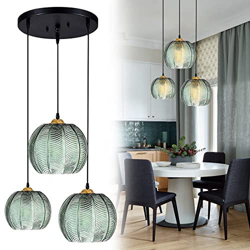 KOSHSH Pendelleuchten,Pendelleuchte Grün Glas,Grüne Hängelampe,Hängeleuchte mit Vintage Kürbisförmigem Glaslampenschirm,E26 (3 lights)