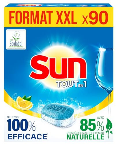 SUN - Pastilles Lave-Vaisselle Tout en 1 - 90 capsules - Citron - 85% d'ingrédients d'origine naturelle - Ecolabel - Made In France