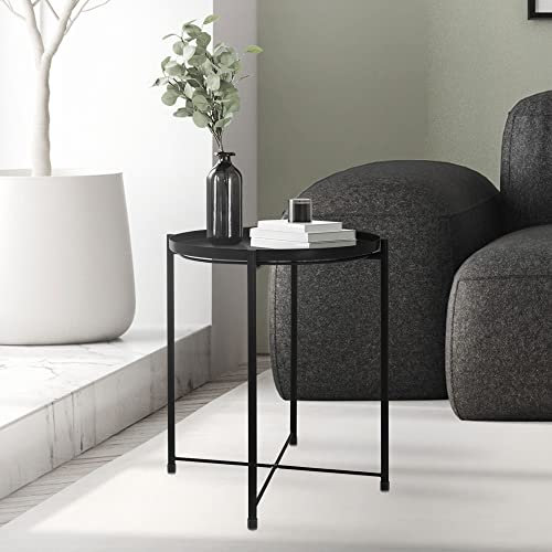 ML-Design Beistelltisch rund Ø45xH52 cm aus Metall, Schwarz, Couchtisch mit abnehmbarem Tablett, klappbar, stabil & standsicher, Wohnzimmertisch Sofatisch Kaffeetisch Nachttisch, für Getränke, Snacks