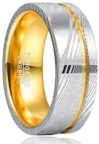 NUNCAD Wolfram Ring für Männer Gold 8mm Verlobungsringe mit Rillen und Damaszener Stahl Eheringe Partnerringe Größe 52 (16.6)