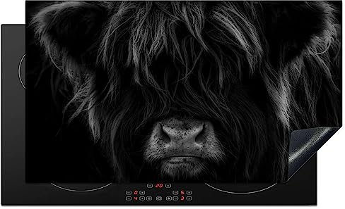 KitchenYeah© Induction Hob Protector Mat 20.8x36 / 91.6x52.7 cm Stove Cap Top Cover Kitchen Cooker Covers for Electric Hobs Vinyl Scottish Highlander - Cow - Black - White - Animals