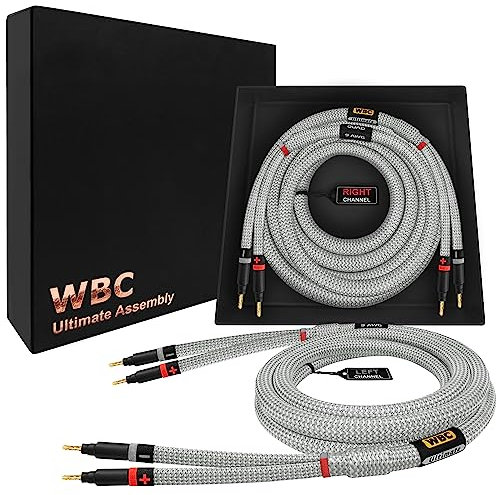 WORLDS BEST CABLES 3 Meter ULTIMATE - 9 AWG - Ultra-Pure OFC - Premium Audiophile HiFi Speaker Cable Pair with Eminence Gold Banana Plugs & Silver Tweed Jacket