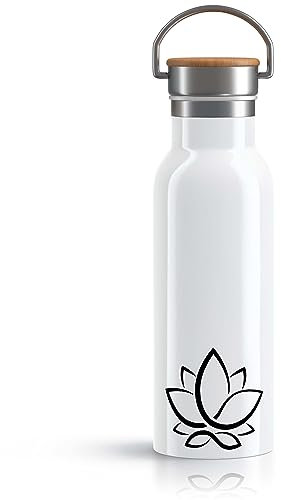 OWLBOOK Lotus schwarz Trinkflasche Yoga Edelstahl Wasserflasche für Frauen Yoga Zubehör Damen - Thermosflasche 600ml nachhaltige Sportflasche auslaufsicher schadstofffrei BPA frei