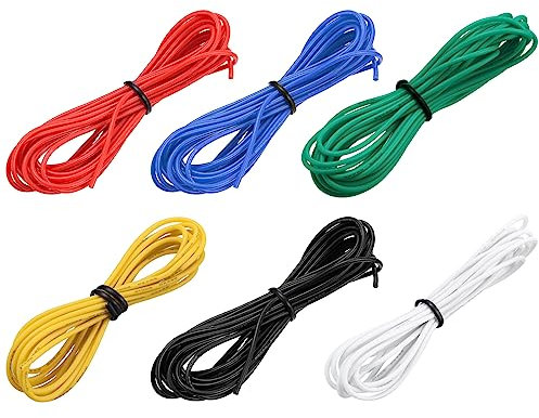 sourcing map 26 Jauge Silicone Fil 26AWG Électrique Fil Toronné Fil Souple Etamé Cuivre Fil Haut Temp Raccordement Fil 6 Couleur 1.5m/4.92ft pour Voiture Modèle Électrique Appareils 6pcs