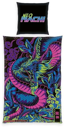 Herding Bettwäsche Neomachi Drache, Kopfkissenbezug 70 x 90 cm mit Reißverschluss und Wende-Motiv, Bettbezug 140 x 200 cm, Mit Reißverschluss, 100% Baumwolle/Renforcé