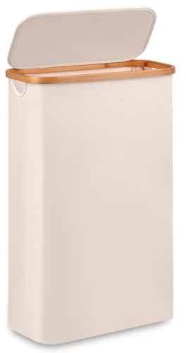 Merkisa Schmaler Wäschekorb Mit Deckel, 60 l Für Wäsche, Schmutziger Stoffkorb Mit Bambusgriff Für Spielzeug, Handtücher, Kleidung, Organisation, Beige