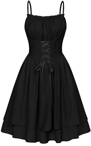 Damen Mittelalter Cottagecore Dress Vintage Quadratischer Kragen Swing Kleid Schwarz XL
