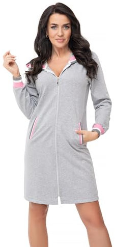 DOROTA trendiger und gemütlicher Damen Baumwoll-Bademantel mit Reißverschluss & Kapuze, made in EU, Graumelange, Gr. XL
