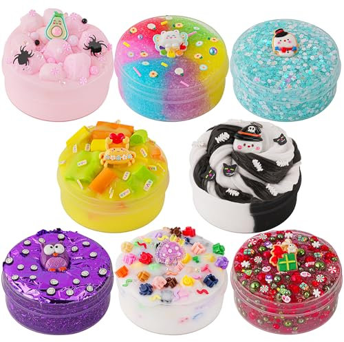 8 x 100 ml Textures Slimes Kit pour enfants Assortiment de textures différentes avec Snow Fizz, paillettes, beurre, perles slime, cadeaux de fête pour filles et garçons, jouet d'anniversaire de Pâques