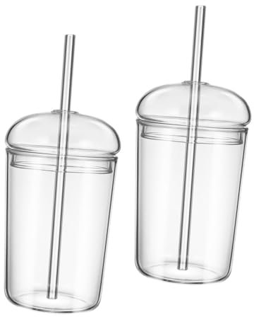 PAMINGONO 2 Pièces Gobelet En Verre Gobelets À Boire Bouteille En Verre Avec Paille Tasse D'Eau Avec Paille Et Couvercle Tasses À En Verre Tasse À Yaourt Gobelet À Réutilisable