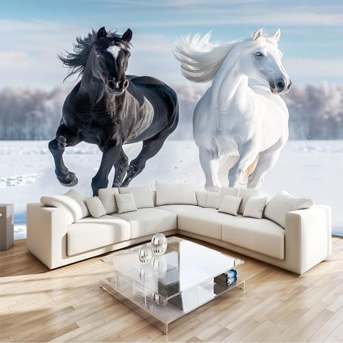 Papier Peint Panoramique 3D animal cheval noir et blanc 250x175 cm Papier Peint Intissé Pour Salon Chambre Enfant Chambre Décoration Murale Moderne Poster Tableaux Photo Muraux