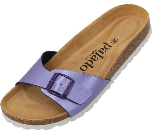 Palado Pantoletten Damen Malta Metallic – Sandalen Made in Spain - elegante Hausschuhe mit Kork-Fußbett - modische Sommerschuhe Lila UK6 - EU39