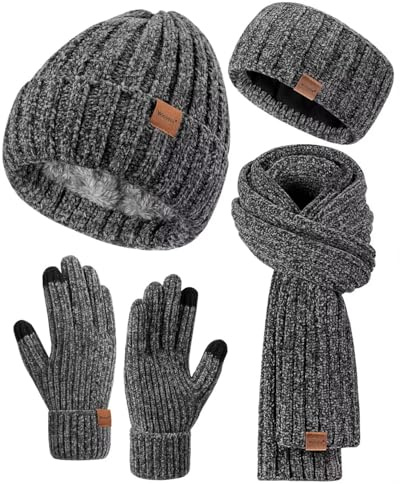 Women Beanie Scarf Gloves Headband Set for Winter, Chenille Beanie Hats Ear Warmer with Fleece Lined Knit Scarf Touchscreen Gloves, 4 in 1 Warm Xmas Gift Set Stocking Stuffers for Women-Gray