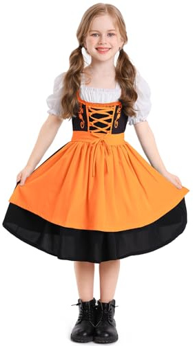 Odizli Dirndl pour fille à manches courtes blanc + tablier + jupe 3 pièces longueur genou tenue Oktoberfest, Orange, 4-6 ans