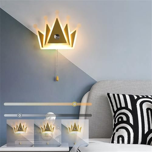 TZSMUM Dimmbar LED Modern Innen Kinder Wandleuchte 3 Farben Einstellbar Kinderzimmer Krone Wandlampe Schlafzimmer Nachttischlampe Kinderlampe mit Zugschalter Wandbeleuchtung Für Babyzimmer (Gold)