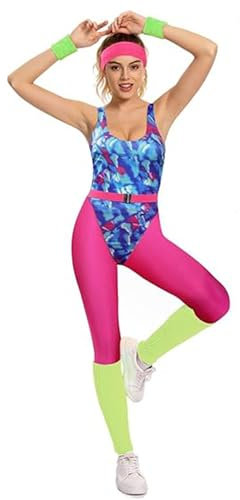 YANVS 80er Jahre Fitness Kostüm Damen 6 Stück Set Bunt Jumpsuit Vintage Aerobic Kleidung Yoga Hosen Sportbekleidung
