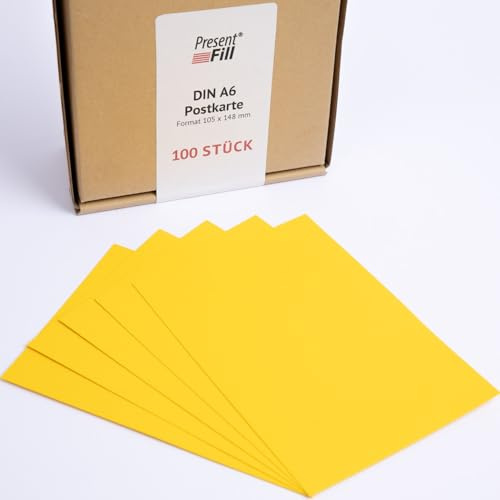 PresentFill® - blanko Postkarten Tonkarton Sonnen Gelb, Papier-Karten Set 100 Stück 210 g/m² -DIN A6-105 x 148 mm zum Selbstgestalten, beschriften oder bedrucken als Bastelkarton, Karteikarten