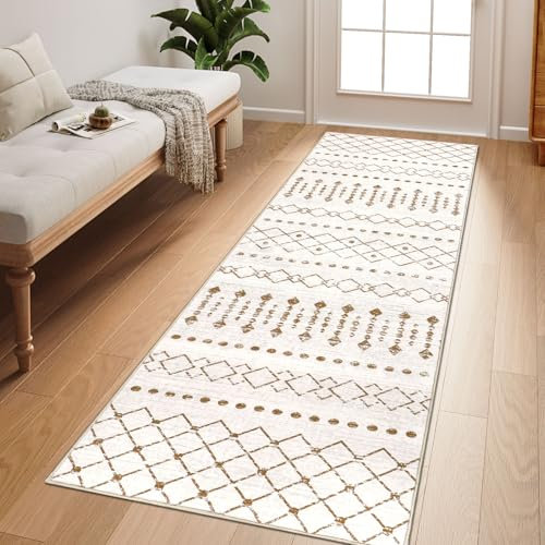 Homcomodar Tapis de Couloir Lavable 65x180cm Antidérapant Tapis d'entrée Beige Tapis de Passage Long Rectangulaire Tapis de Cuisine Chambre