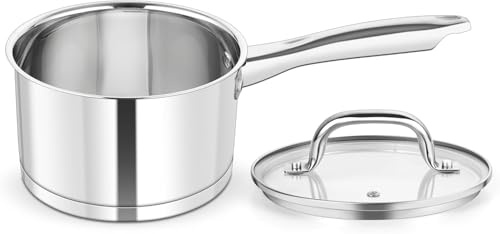 HaWare Stielkasserolle, 14cm Edeastahl Klein Milchtopf Topf Induktion mit Glasdeckel, 0,95L Kochtopf Kasserolle mit 3-Lagen Boden für alle Herdarten, Gesund & Unbeschichtet, Spülmaschinenfest