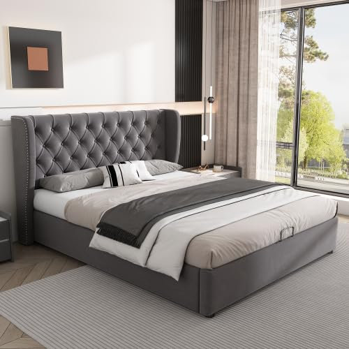 Polsterbett Ohrenform Große Knopfnähte Doppelbett King Size Hydraulisches Funktionsbett Mit Lattenrost Und Stauraum Jugendbett Bettkasten Gästebett Familienbett Grau 140x190 cm