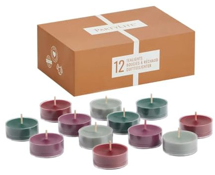 PartyLite Festive Folklore Lot de 12 bougies chauffe-plat – Cerise bourbon, sauge des Alpes, pin des Highlands, prune ambre noire | Durée de combustion de 4 à 6 heures par bougie chauffe-plat