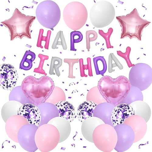 DazzJoy Happy Birthday Ballon Lila Rosa Set, Geburtstagsdeko Lila Rosa Ballons, Helium Luftballons Geburtstag Deko, Bunte Happy Birthday Luftballon für Kindergeburtstag Deko Mädchen, Frau Deko