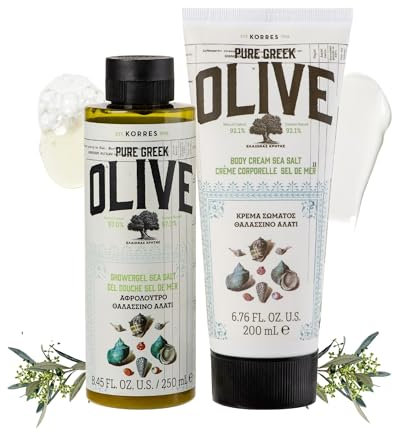 KORRES Olive Sea Salt Vorteilsset, Olive Sea Salt feuchtigkeitsspendendes Duschgel für geschmeidige Haut, vegan (250ml) und Olive Sea Salt Bodymilk, vegan, dermatologisch getestet (200 ml)